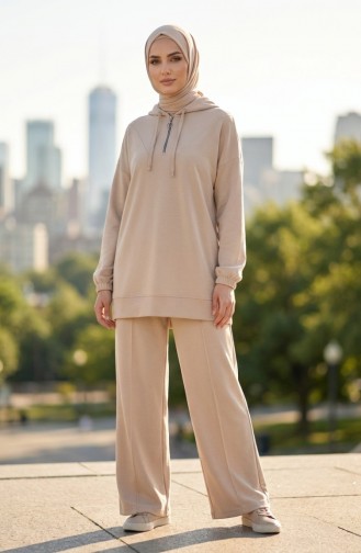 Oysho Fabric Hooded Tunic And Pants Two-Piece Set 0236-03 Beige 0236-03