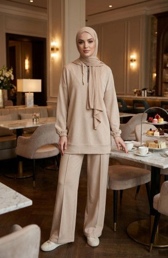 Oysho Fabric Hooded Tunic And Pants Two-Piece Set 0236-03 Beige 0236-03