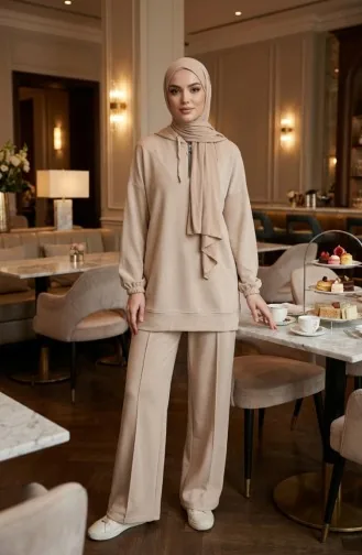 Oysho Kumaş Kapüşonlu Tunik Pantolon İkili Takım 0236-03 Bej