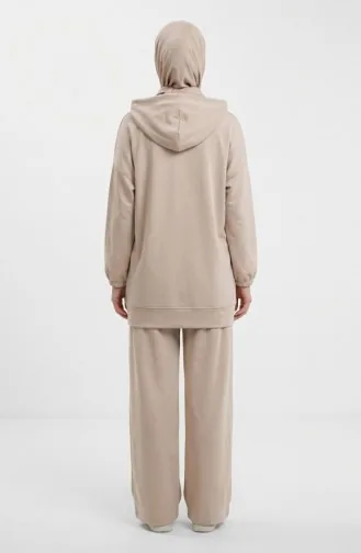 Oysho Kumaş Kapüşonlu Tunik Pantolon İkili Takım 0236-03 Bej