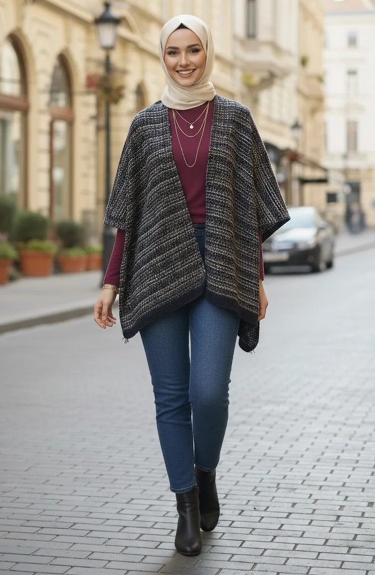 Omuz Şal 1079-01 Lacivert Sarı
