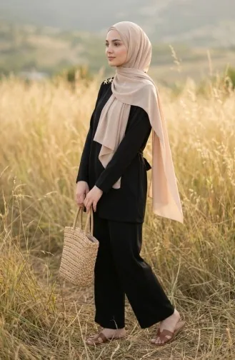 Zweiteiliges Set Aus Tunika Und Hose Mit Sternenapplikation 2209-02 Schwarz 2209-02