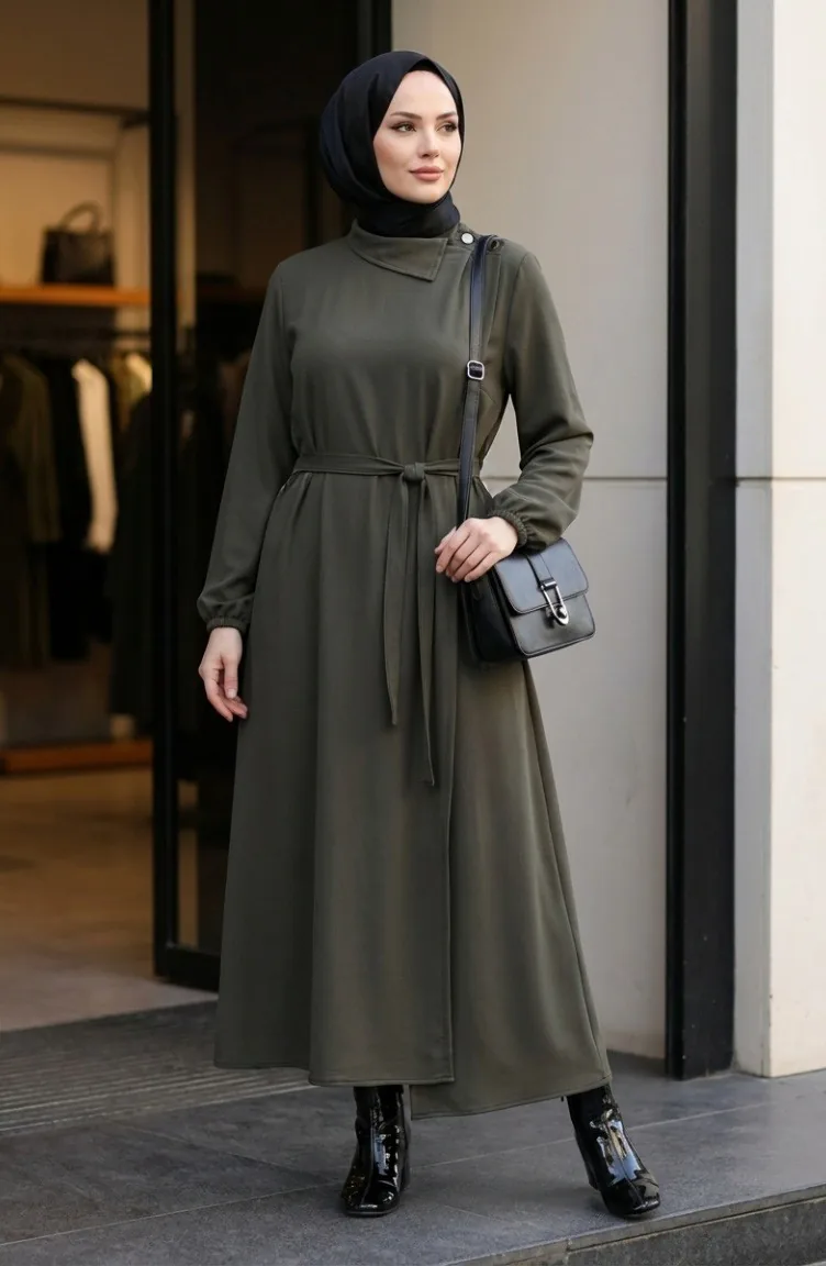Abaya 2212-01 Khaki Verziert Mit Knöpfen Elastischen Ärmeln Und Gürtel 2212-01