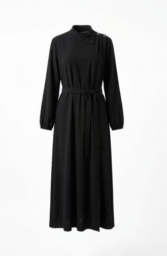 عباية سوداء مزينة بأزرار، وأكمام مطاطية، وحزام، موديل 2212-02 2212-02