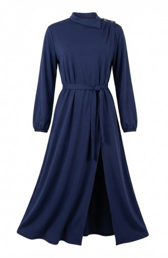 عباية زرقاء داكنة مزينة بأزرار وأكمام مطاطية وحزام، رقم الموديل 2212-04 2212-04