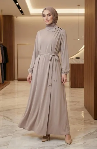 Abaya Beige à Boutons Manches élastiquées Et Ceinture Modèle 2212-05 2212-05