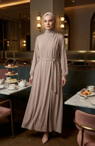 Abaya Beige à Boutons Manches élastiquées Et Ceinture Modèle 2212-05 2212-05