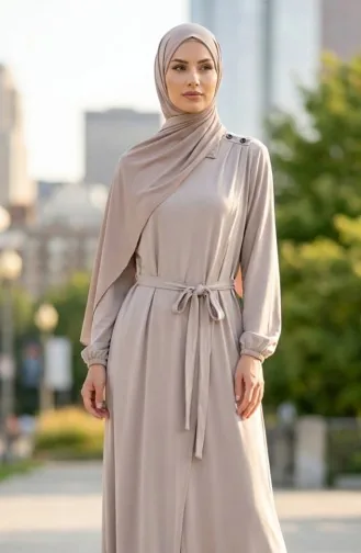 Abaya Beige à Boutons Manches élastiquées Et Ceinture Modèle 2212-05 2212-05