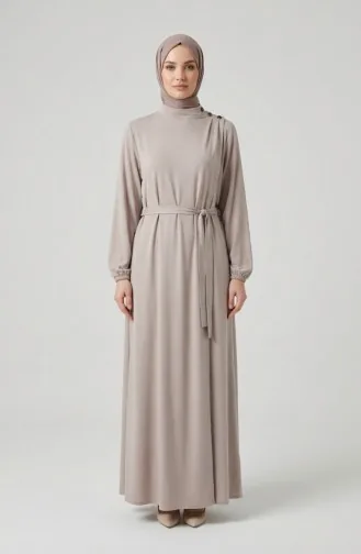 Abaya Beige à Boutons Manches élastiquées Et Ceinture Modèle 2212-05 2212-05