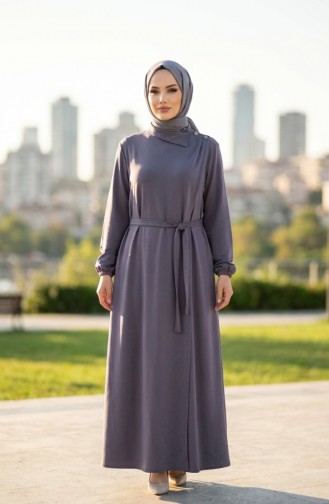 Button-Detailed Elasticated Sleeve Belted Abaya 2212-06 Grey 2212-06