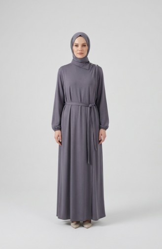 Button-Detailed Elasticated Sleeve Belted Abaya 2212-06 Grey 2212-06