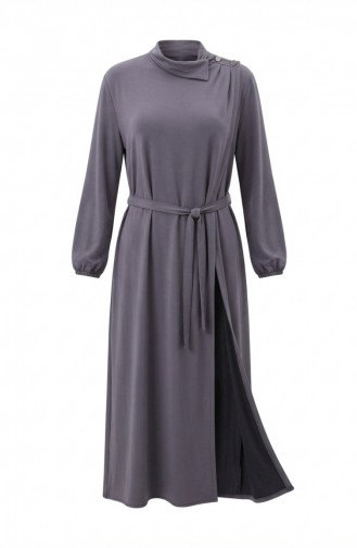 Button-Detailed Elasticated Sleeve Belted Abaya 2212-06 Grey 2212-06
