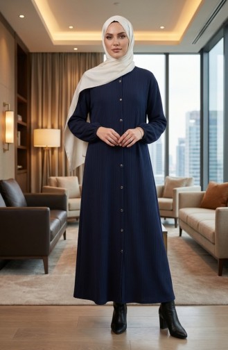 Winter-Abaya 2214-02 Lang Mit Knopfleiste Und Elastischen Ärmeln Marineblau 2214-02