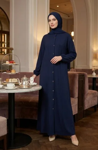 عباية شتوية طويلة بأزرار أمامية وأكمام مطاطية، موديل 2214-02، لون كحلي 2214-02