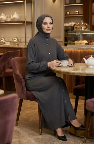 عباية شتوية طويلة بأزرار وأكمام مطاطية 2214-03 أنثراسيت 2214-03