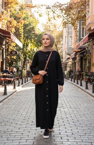 Lange Geknöpfte Winter-Abaya Mit Elastischen Ärmeln 2214-04 Schwarz 2214-04