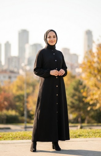 Lange Geknöpfte Winter-Abaya Mit Elastischen Ärmeln 2214-04 Schwarz 2214-04