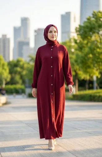 عباية شتوية طويلة بأزرار أمامية وأكمام مطاطية، رقم الموديل 2214-05، لون عنابي 2214-05