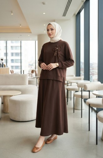Tunic And Skirt Two-Piece Set With Bow Detail 0237-02 Brown 0237-02