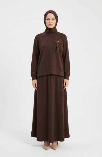 Tunic And Skirt Two-Piece Set With Bow Detail 0237-02 Brown 0237-02