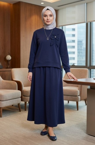 طقم مكون من قطعتين: تونيك وتنورة، مزين بفيونكة، 0237-03، لون كحلي 0237-03