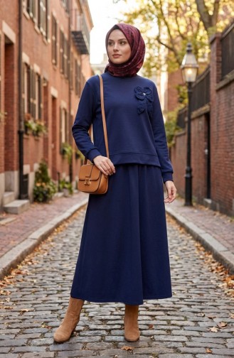 طقم مكون من قطعتين: تونيك وتنورة، مزين بفيونكة، 0237-03، لون كحلي 0237-03