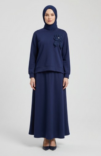 طقم مكون من قطعتين: تونيك وتنورة، مزين بفيونكة، 0237-03، لون كحلي 0237-03