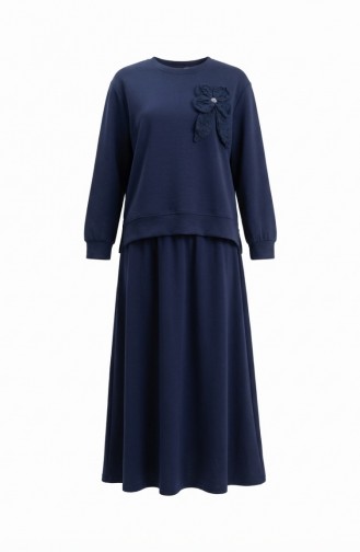 طقم مكون من قطعتين: تونيك وتنورة، مزين بفيونكة، 0237-03، لون كحلي 0237-03