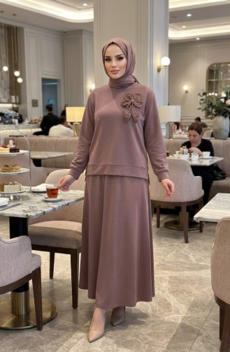 Tunic And Skirt Two-Piece Set With Bow Detail 0237-06 Mink 0237-06