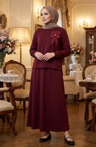 Tuniek En Rok Tweedelige Set Met Strikdetail 0237-07 Bordeauxrood 0237-07