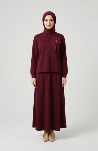 Tuniek En Rok Tweedelige Set Met Strikdetail 0237-07 Bordeauxrood 0237-07