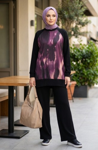 Bedrukte Geplooide Tuniek En Broek Tweedelige Set 2215-01 Zwart Paars 2215-01