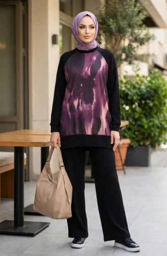 Ensemble Deux Pièces Tunique Plissée Imprimée Et Pantalon 2215-01 Noir Violet 2215-01