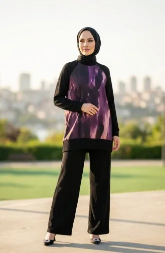 Ensemble Deux Pièces Tunique Plissée Imprimée Et Pantalon 2215-01 Noir Violet 2215-01