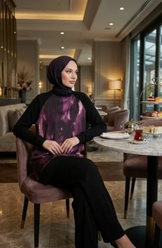 Ensemble Deux Pièces Tunique Plissée Imprimée Et Pantalon 2215-01 Noir Violet 2215-01