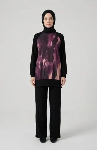 Ensemble Deux Pièces Tunique Plissée Imprimée Et Pantalon 2215-01 Noir Violet 2215-01