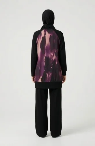 Ensemble Deux Pièces Tunique Plissée Imprimée Et Pantalon 2215-01 Noir Violet 2215-01