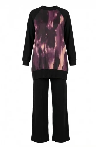 Ensemble Deux Pièces Tunique Plissée Imprimée Et Pantalon 2215-01 Noir Violet 2215-01