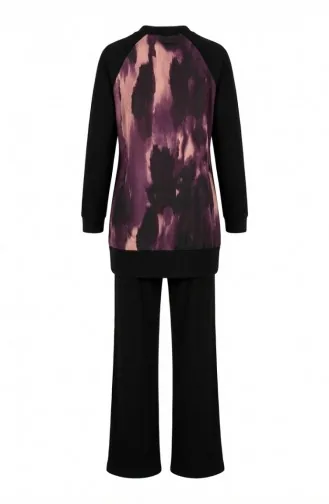 Ensemble Deux Pièces Tunique Plissée Imprimée Et Pantalon 2215-01 Noir Violet 2215-01