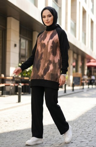 Bedrukte Geplooide Tuniek En Broek Tweedelige Set 2215-02 Zwart Khaki 2215-02