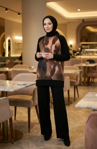 Printed Pleated Tunic And Pants Two-Piece Set 2215-02 Black Khaki 2215-02
