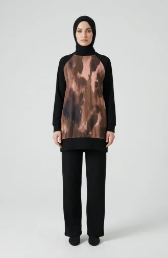 Printed Pleated Tunic And Pants Two-Piece Set 2215-02 Black Khaki 2215-02