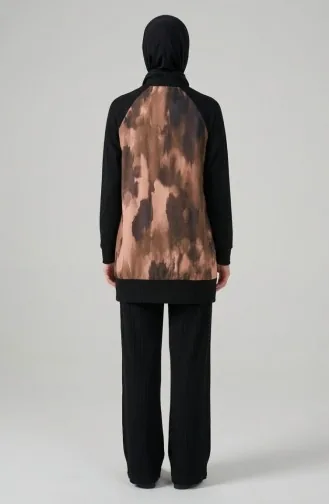 Printed Pleated Tunic And Pants Two-Piece Set 2215-02 Black Khaki 2215-02