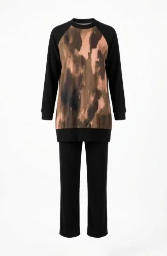 Printed Pleated Tunic And Pants Two-Piece Set 2215-02 Black Khaki 2215-02