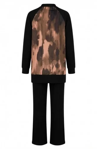 Printed Pleated Tunic And Pants Two-Piece Set 2215-02 Black Khaki 2215-02