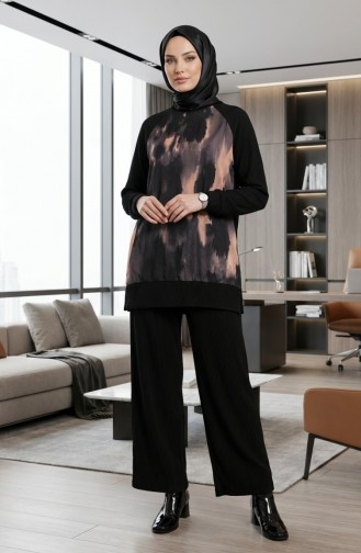 Bedrucktes Plissiertes Tunika- Und Hosen-Zweiteiler-Set 2215-03 Schwarz Lachs 2215-03