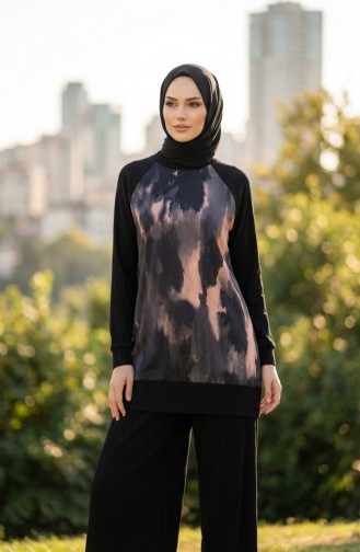 Ensemble Deux Pièces Tunique Plissée Imprimée Et Pantalon 2215-03 Saumon Noir 2215-03