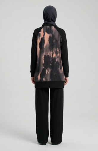 Ensemble Deux Pièces Tunique Plissée Imprimée Et Pantalon 2215-03 Saumon Noir 2215-03