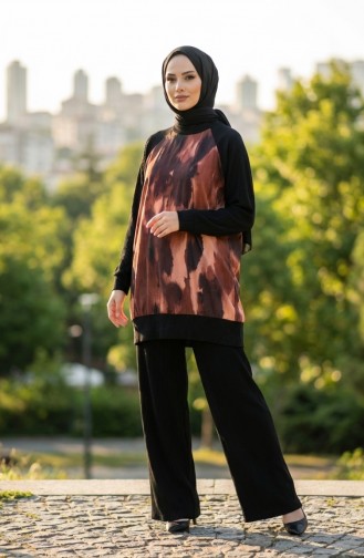 Bedrukte Geplooide Tuniek En Broek Tweedelige Set 2215-04 Zwart Terracotta 2215-04