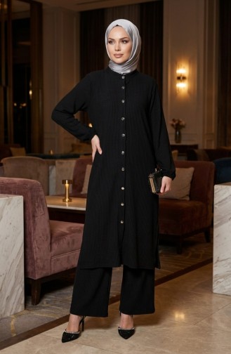 Button-Down Pleated Tunic And Pants Two-Piece Set 2216-01 Black 2216-01